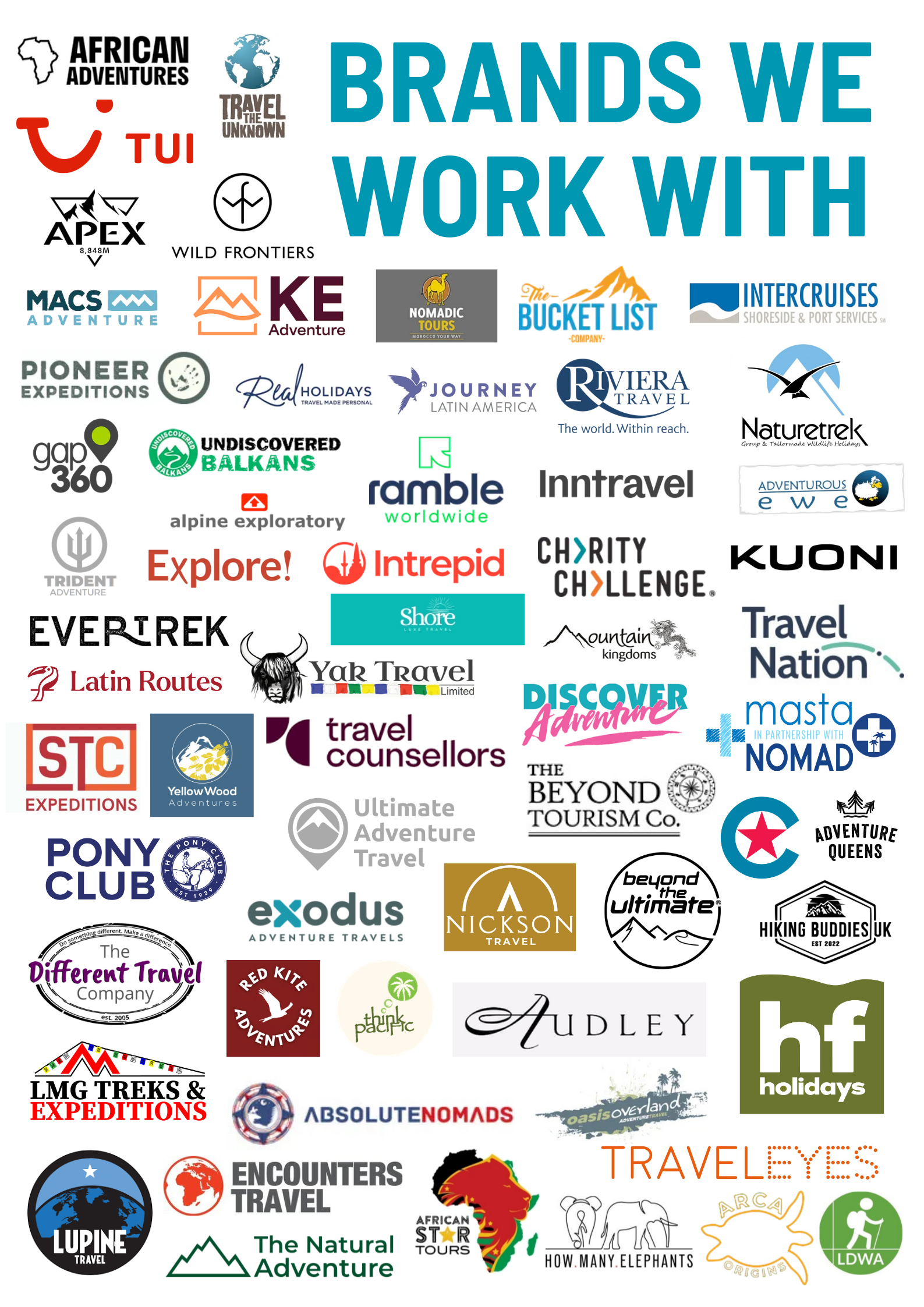 Collage of various travel brand logos with 'Brands We Work With' text at the top.