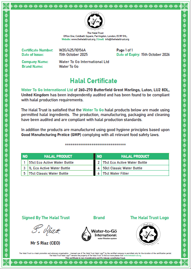 Halal Certificate for Water To Go products with green border and text.