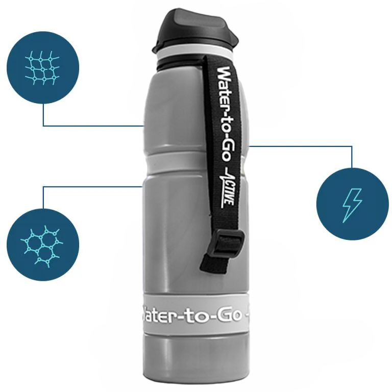 cloud water to go bottle with black cap and handle, featuring 'Water-to-Go' branding on a white background. Illustrating the technology